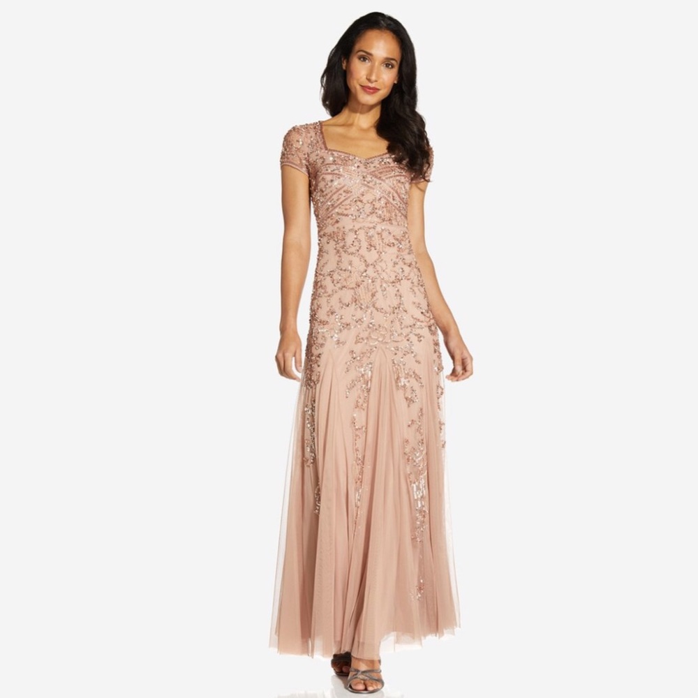 Adrianna Papell LONG BEADED DRESS WITH CAP SLEEVES IN Rose Gold